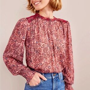 Boden Red Paisley Print Peek-a-boo Back Women's Top